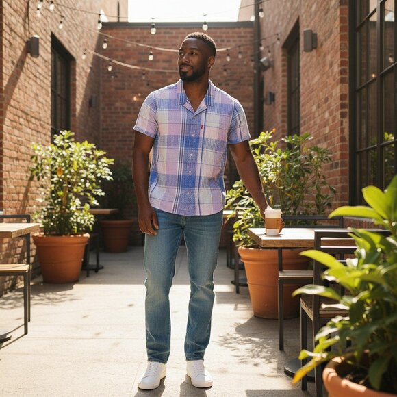 Neuve Levi's chemise manches courtes homme Large coupe relax à carreaux - Picture 1 of 8